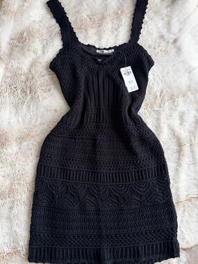 🖤 Abercrombie & Fitch Black Crochet Knit Mini Dress Coastal Cowgirl Boho Preppy